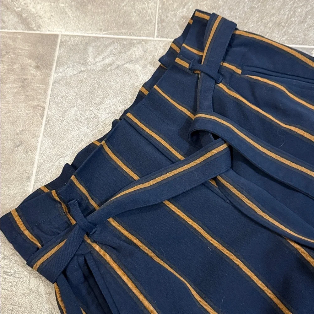 Zara Dark Navy Orange Striped Paperbag Tie Waist Ankle Cropped Pants Sz M - Picture 4 of 10